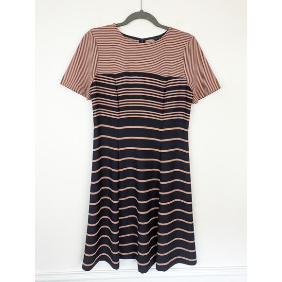 Ann Taylor Dress Fit Flare Ombre Striped Career Neutral Blue Pink Classic Size 8 - Picture 2 of 12